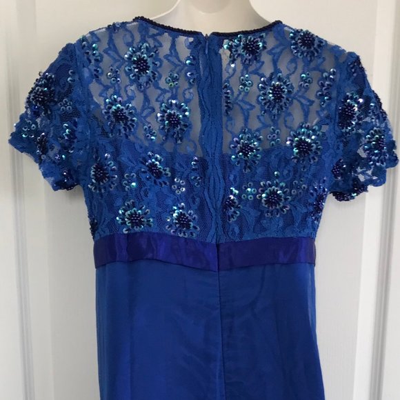 Royal Blue Short Sleeve Sequin Gown with Skirt Overlay Long Evening Dress Prom - Picture 7 of 7